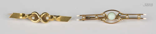 A gold, opal and seed pearl bar brooch, detailed '9ct', width 5cm, a gold and seed pearl bar brooch,