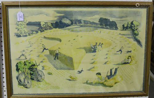 John Nash - Harvesting, colour lithograph, printed by the Baynard Press and published by School