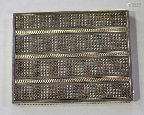 A George V silver rectangular cigarette case with textured and gilt banded decoration, the front