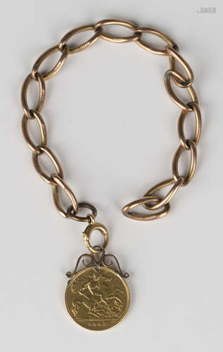 A 9ct gold curblink bracelet and an Edward VII half-sovereign 1905, mounted as a pendant, length