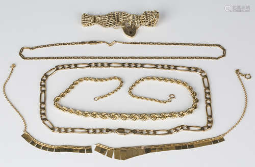 A group of 9ct gold jewellery, comprising a figaro link neckchain, length 47cm, a graduated