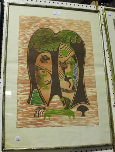 Lucky Madlo Sibiya - War and Peace, 20th century colour woodcut, signed, dated '75 and editioned