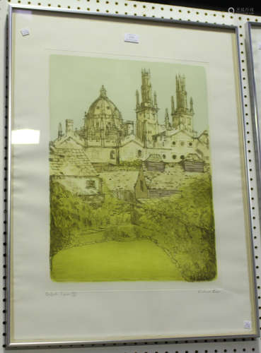 Richard Beer - 'Oxford Spires', 20th century etching with aquatint, signed, titled and editioned