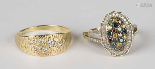 A 9ct gold and treated vari-coloured diamond oval cluster ring with diamond set shoulders, ring size