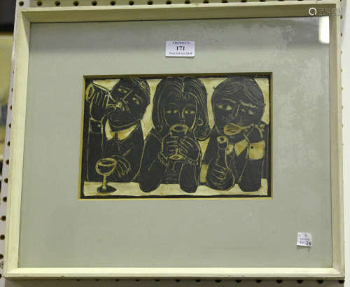 A 20th century woodblock print with collage, Three Figures drinking, 16cm x 24.5cm, together with