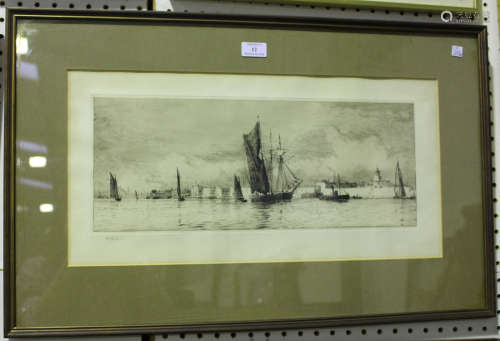 William Lionel Wyllie - 'Hot Walls, Portsmouth', monochrome etching, signed in pencil recto,