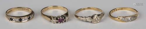 A 9ct gold, sapphire and diamond seven stone half-hoop ring, a gold, ruby and diamond three stone