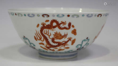 A Chinese doucai porcelain bowl, mark of Yongzheng but probably 20th century, of steep sided