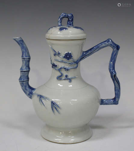 A Japanese Hirado (Mikawachi) blue and white porcelain coffee pot and cover, Meiji period, moulded