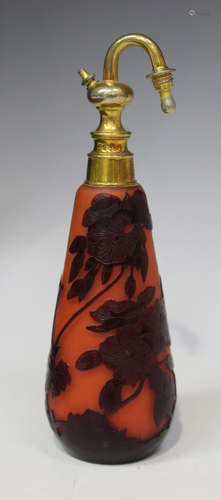 A Gallé cameo glass atomizer, early 20th century, the orange body of tapered cylindrical shape