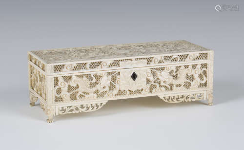 A Chinese Canton export ivory rectangular box, mid to late 19th century, the hinged lid and sides