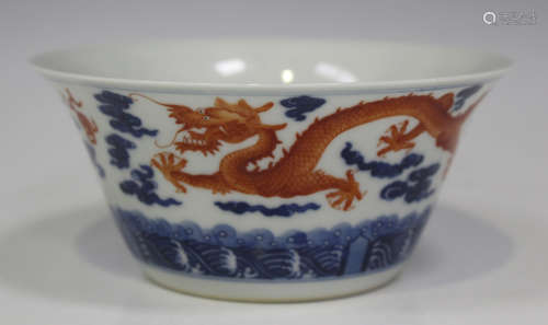 A Chinese underglaze blue and iron red enamelled porcelain bowl, mark of Daoguang but modern, of