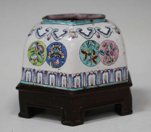 A Chinese Canton enamel famille rose brushwasher, Qing dynasty, of hexagonal form, painted with