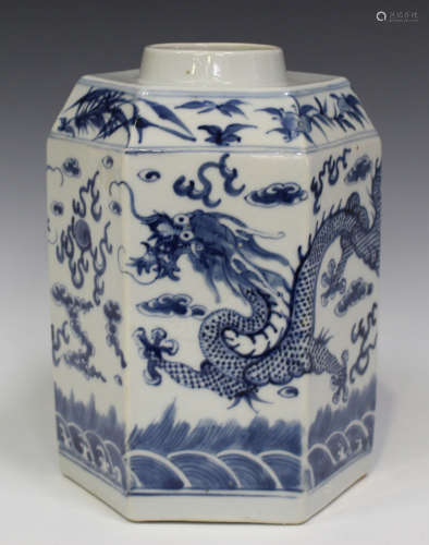 A Chinese blue and white hexagonal tea jar, mark of Kangxi but late 19th century, the sides
