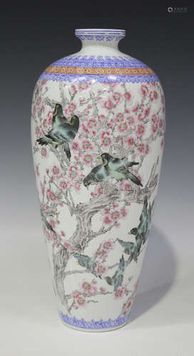 A Chinese eggshell porcelain vase, 20th century, of elongated ovoid form, decorated with birds and