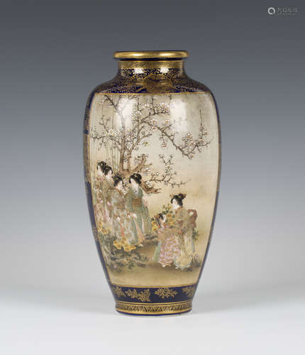 A Japanese Satsuma earthenware vase by Kusube, Meiji period, of shouldered tapering form, one side