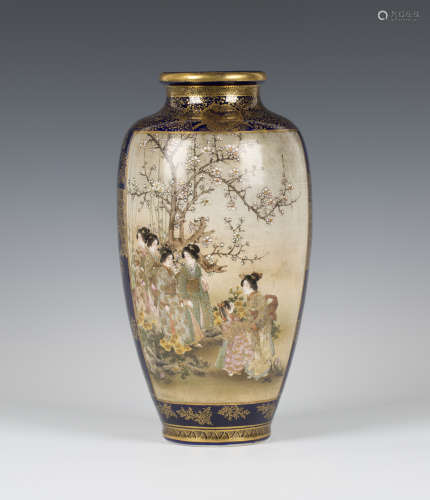 A Japanese Satsuma earthenware vase by Kusube, Meiji period, of shouldered tapering form, one side