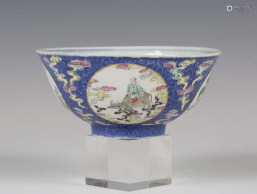 A Chinese famille rose enamelled blue ground medallion bowl, mark of Qianlong but late Qing dynasty,