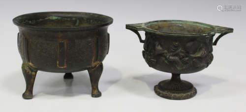 A Chinese brown patinated bronze tripod censer, late Qing dynasty, the circular body cast with