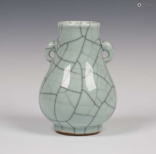A Chinese Guan-type crackle glazed celadon porcelain vase, probably 20th century, of hu form, the