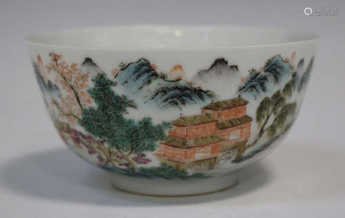 A Chinese enamelled porcelain circular bowl, probably early 20th century, the steep-sided exterior