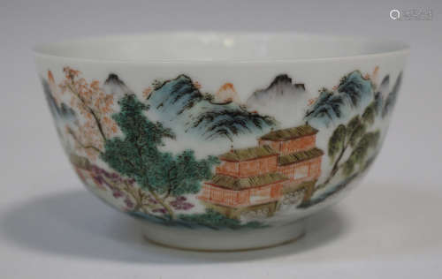 A Chinese enamelled porcelain circular bowl, probably early 20th century, the steep-sided exterior