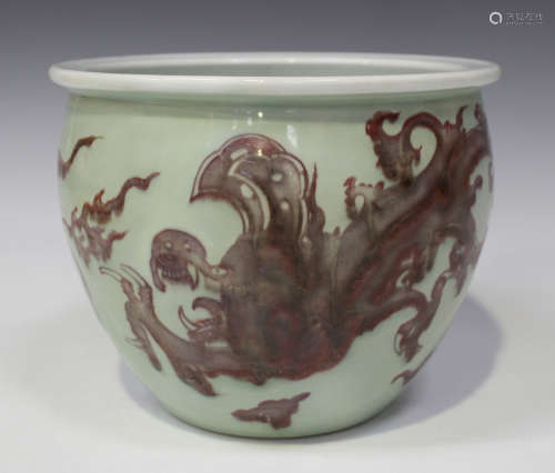 A Chinese underglaze red decorated celadon ground porcelain jardinière, Kangxi period, the