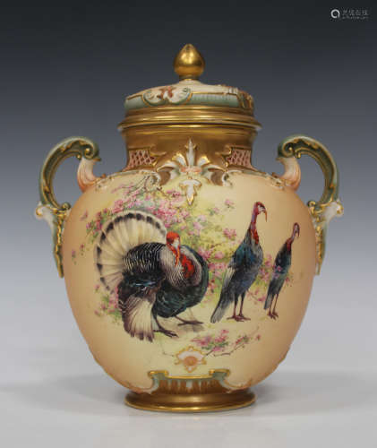 An unusual Royal Worcester porcelain two-handled vase and cover, circa 1895, the bulbous body