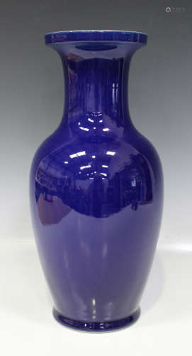 A Chinese blue monochrome glazed porcelain vase, 20th century, the shouldered ovoid body with flared