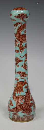 A Chinese iron red and turquoise decorated porcelain brush handle, mark of Qianlong but later,