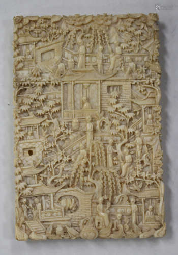 A Chinese Canton export ivory rectangular card case and cover, mid-19th century, carved in relief