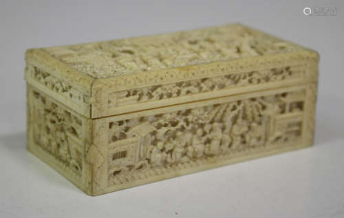 A Chinese Canton export ivory rectangular box and cover, mid-19th century, the top and sides