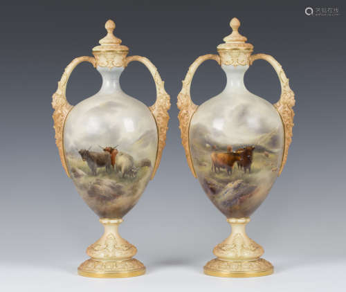 An impressive pair of Royal Worcester bone china two-handled vases and covers, circa 1903, painted