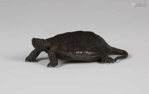 A Japanese brown patinated bronze okimono figure of a terrapin, Meiji period, modelled with head