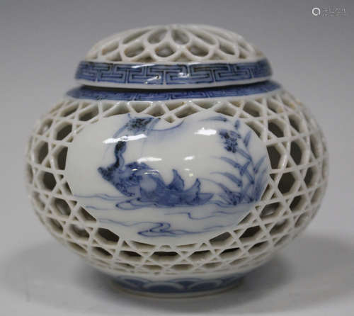 A Japanese Hirado (Mikawachi) blue and white porcelain koro and cover, Meiji period, the reticulated