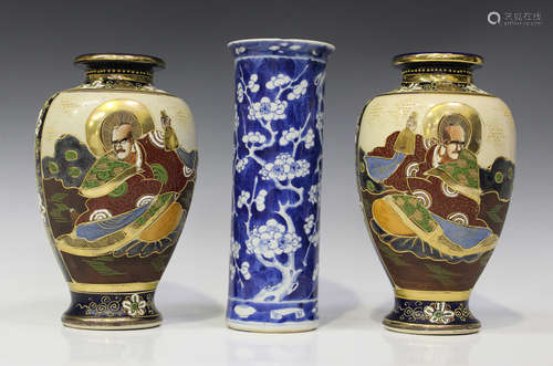 A Chinese blue and white porcelain cylinder vase, mark of Kangxi but late 19th century, painted with