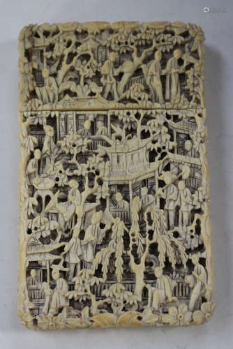 A Chinese Canton export ivory rectangular card case and cover, mid-19th century, carved and