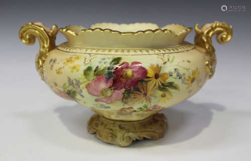 A Royal Worcester bone china blush ivory two-handled bowl, circa 1906, of lobed ogee form, flanked