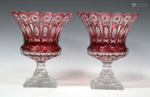 A pair of red flash overlay and clear glass vases, 20th century, each of campana urn form, the