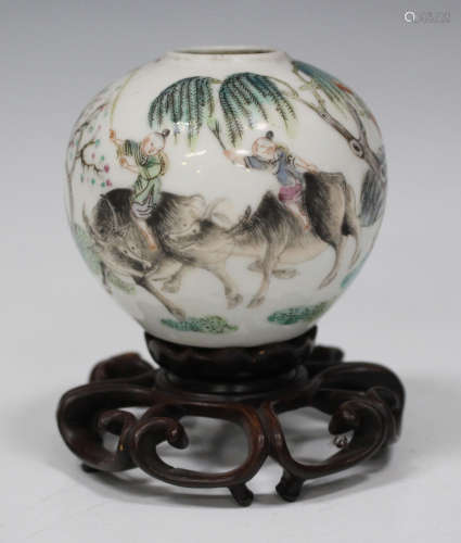 A Chinese famille rose porcelain globular water coupe, Republic period, painted with two boys on