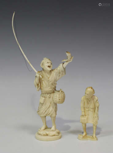 A Japanese carved ivory okimono figure of a fisherman, Meiji period, modelled standing, wearing a