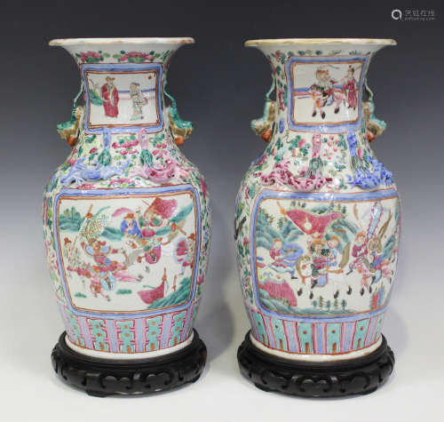 A pair of Chinese Canton famille rose export porcelain vases, mid to late 19th century, of high