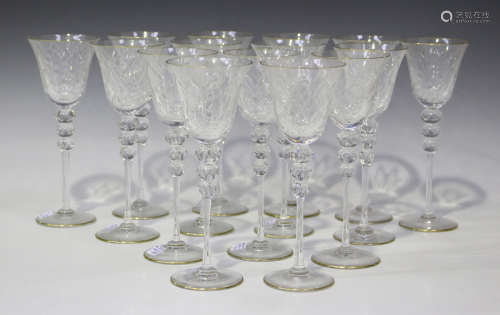 A matched set of fifteen St Louis Crystal clear glass wine glasses, 20th century, each bell shaped