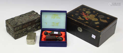 A Japanese wooden rectangular box, Meiji period, mounted with mostly brass menuki, length 17cm,