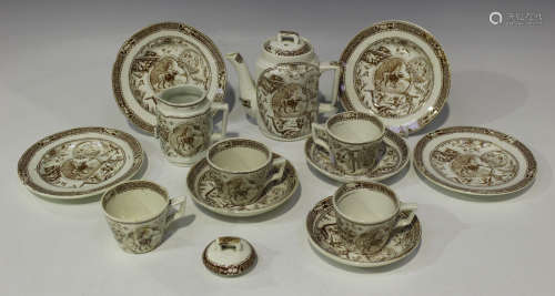 An English earthenware child's part tea service, circa 1870-80, transfer printed in brown with Child