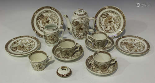 An English earthenware child's part tea service, circa 1870-80, transfer printed in brown with Child