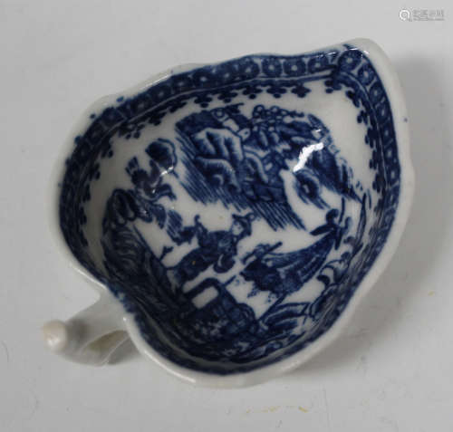 A Caughley porcelain Fisherman and Cormorant pattern butter dish, circa 1779-91, of leaf form,