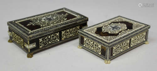 Two Indian ivory and tortoiseshell mounted rectangular boxes, early 20th century, each hinged lid