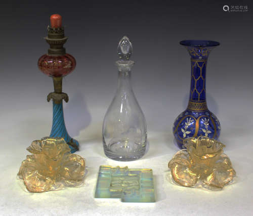 A collection of mostly 20th century decorative glassware, including an Art Deco opalescent ashtray