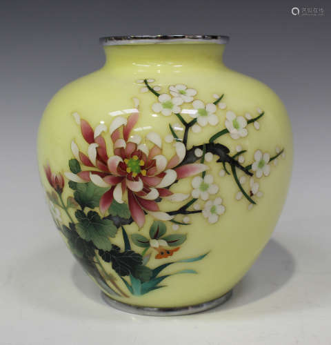 A Japanese cloisonné vase, 20th century, of compressed ovoid form, decorated with pink peonies,
